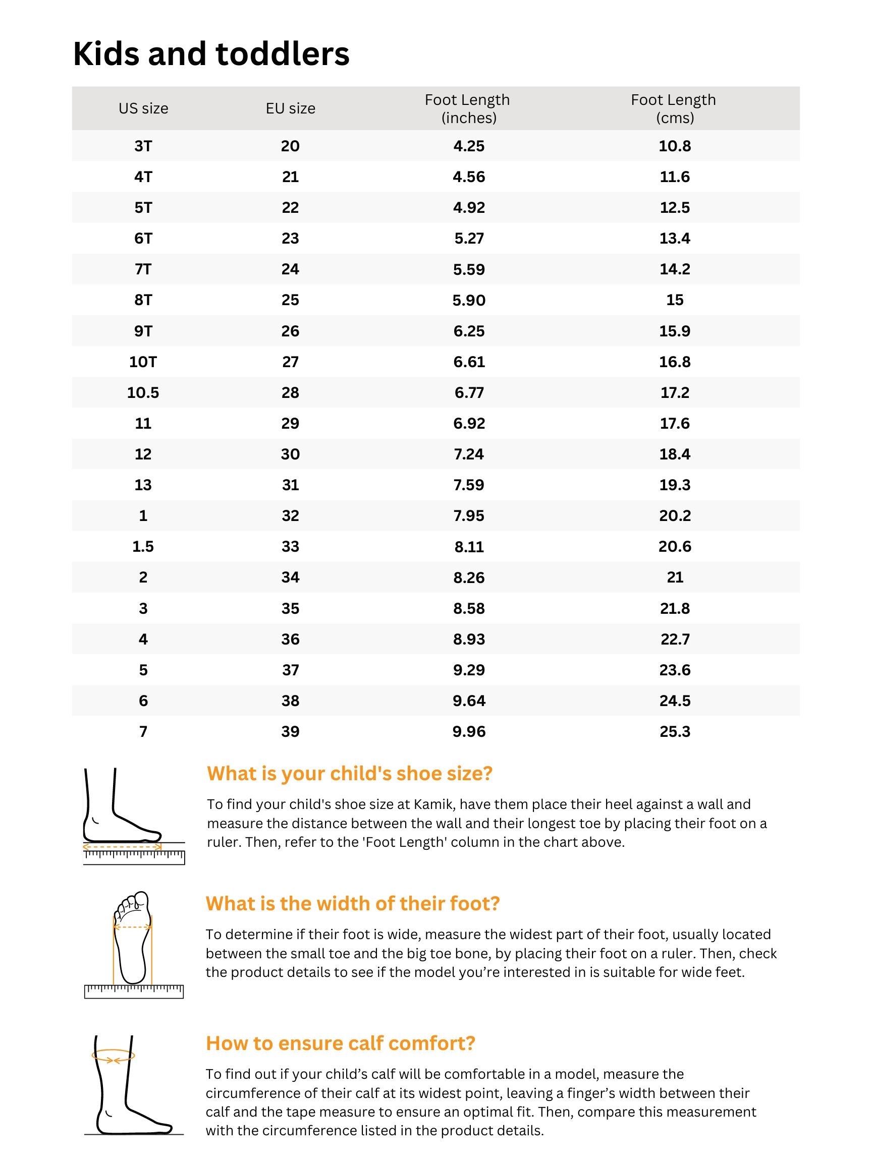 Sizing chart for WATERBUG 8G