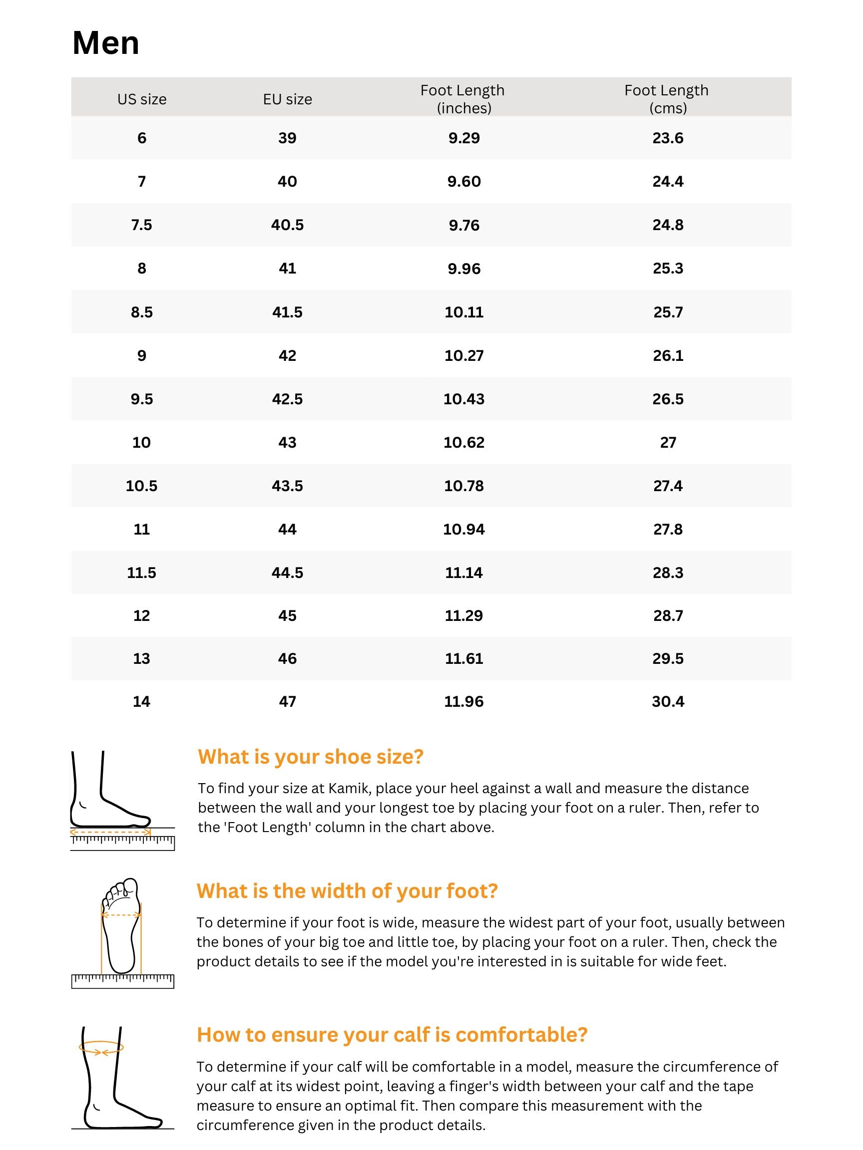 Sizing chart for Men's GREENBAY 4