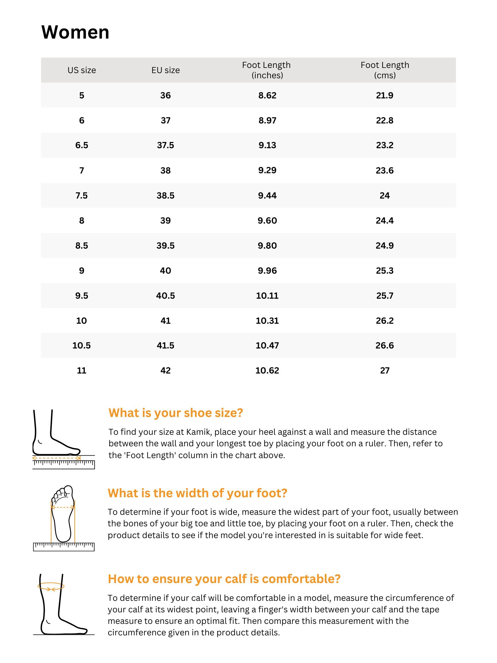 Sizing chart for Women's TUNDRA